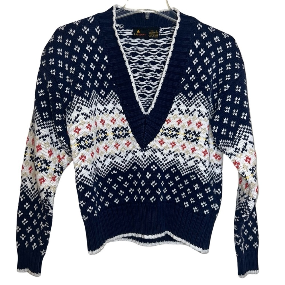 Liz Claiborne Sport Vintage Fair Isle V-Neck Sweater Size Small